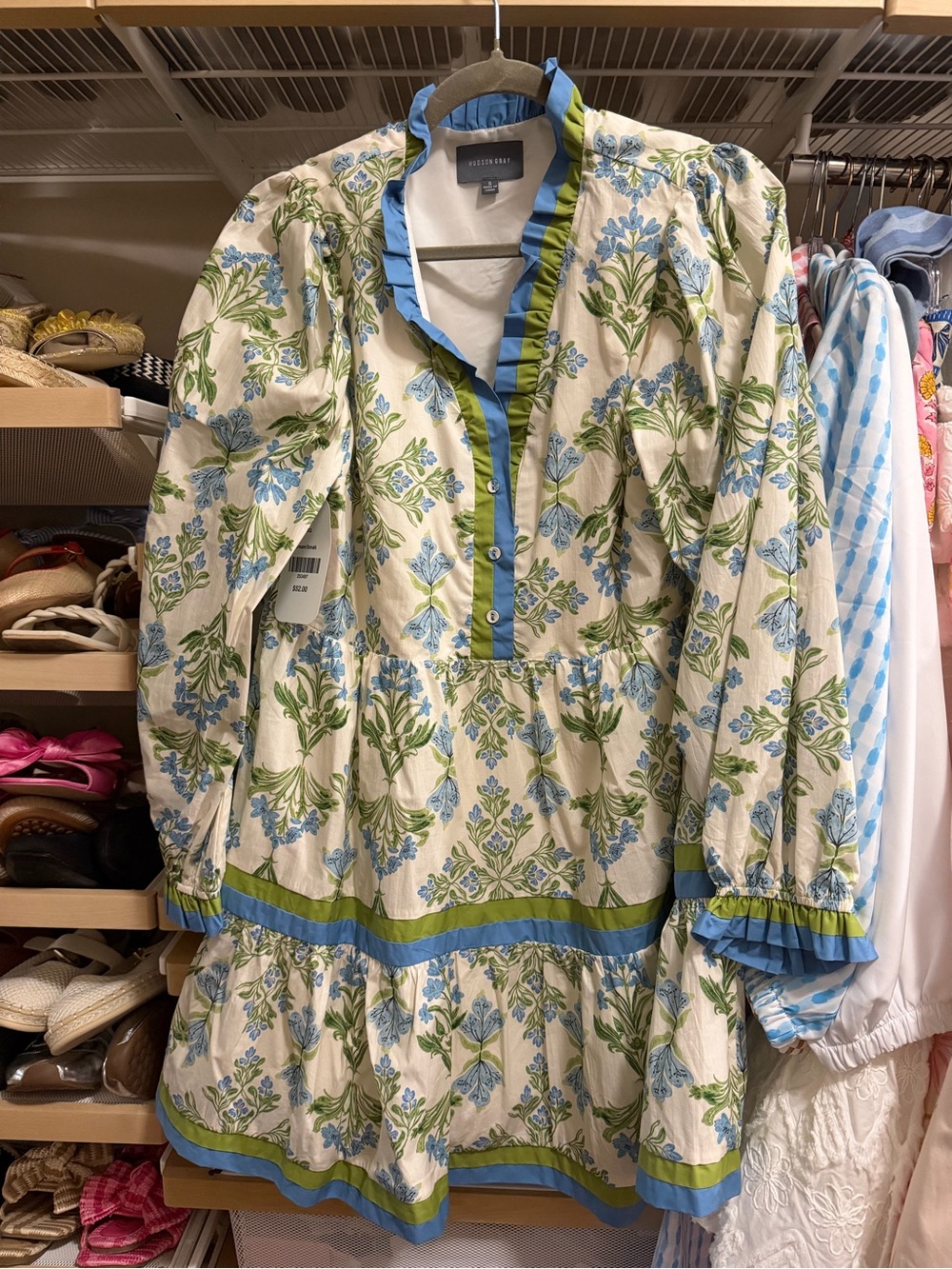 Floral Ruffle-Trim Mini Dress in Blue & Green